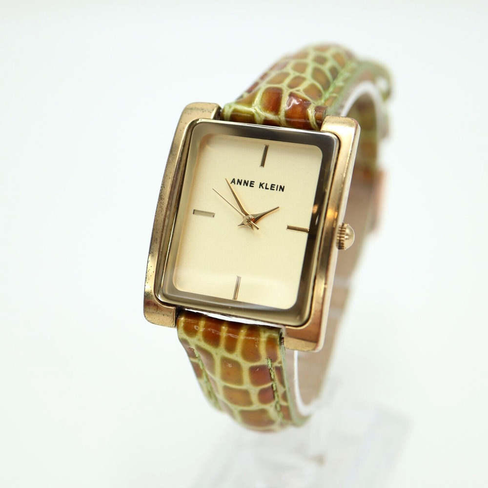 Anne Klein Womens Gold Tone Tank Watch 28mm Green Leather Strap w New Battery